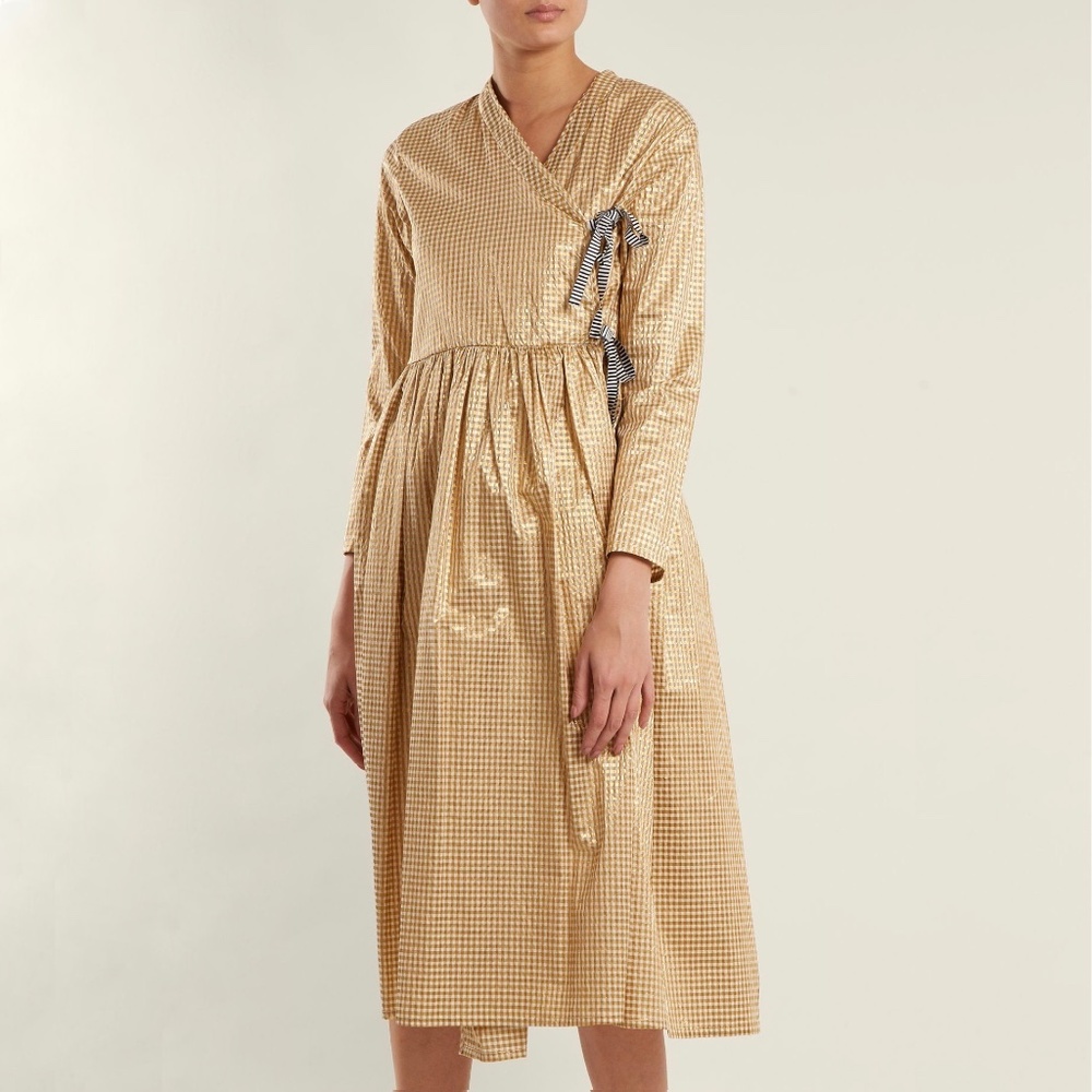 SHRIMPS Hermione Wrap Dress in Gold Gingham Seersucker Size UK 6 / XS